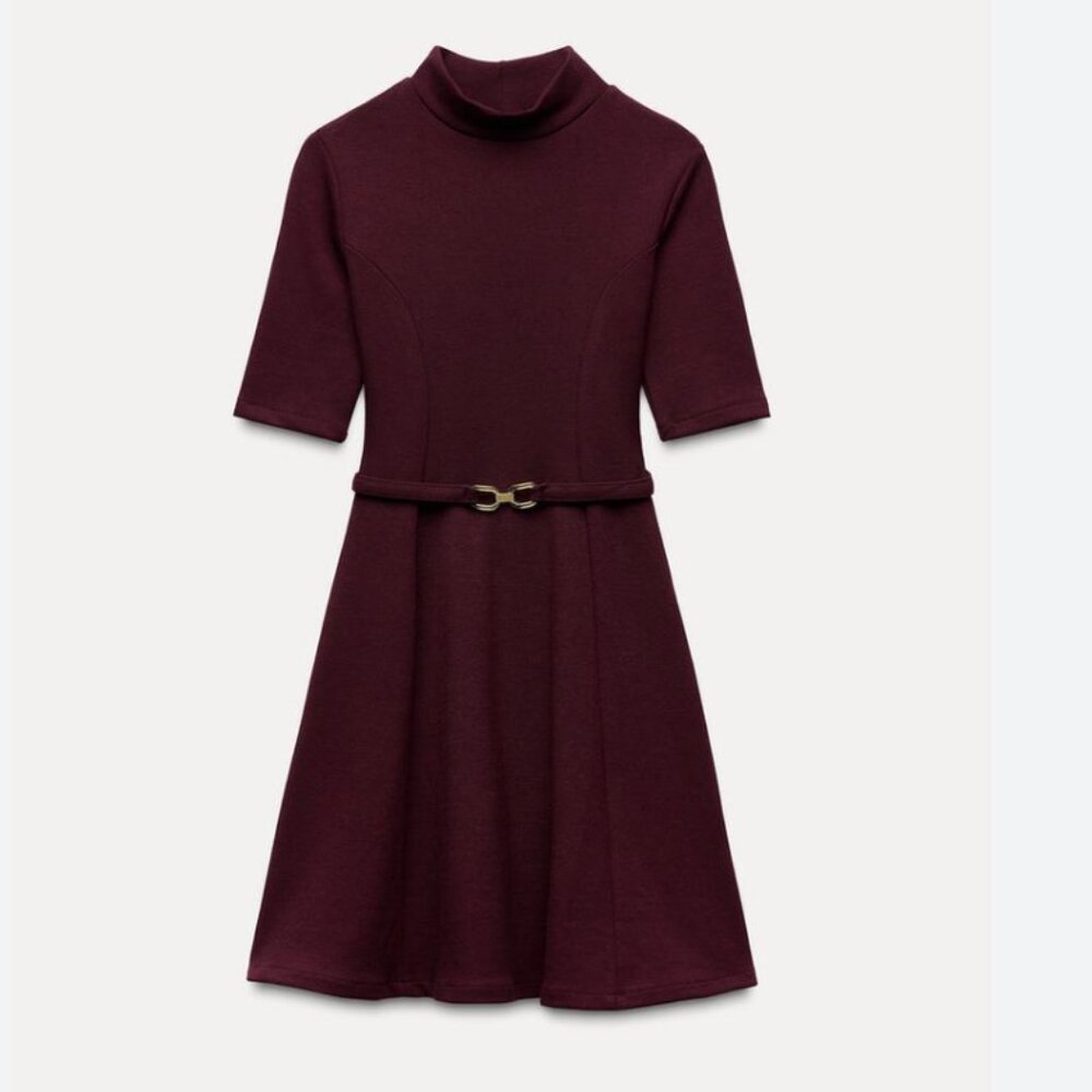 ✨ ZARA Stretch Knit Skater Dress w/‎ Belt – NEW – Burgundy Luxe ✨